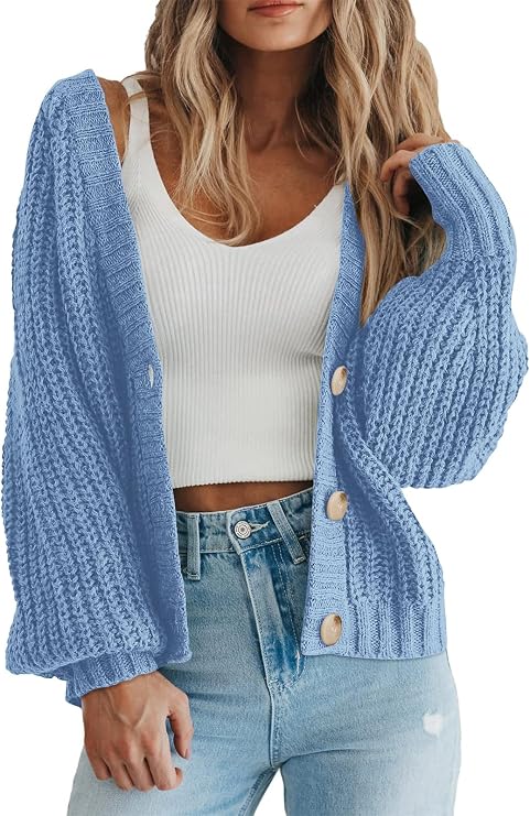 V Neck Button Loose Short Cardigan Outerwear Coats, Slouchy Drop Shoulder Loose Cute Sweaters, Fall Clothes for Work & Office